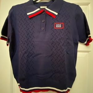 Red white and blue silk cotton crop shirt Medium like Miu Miu